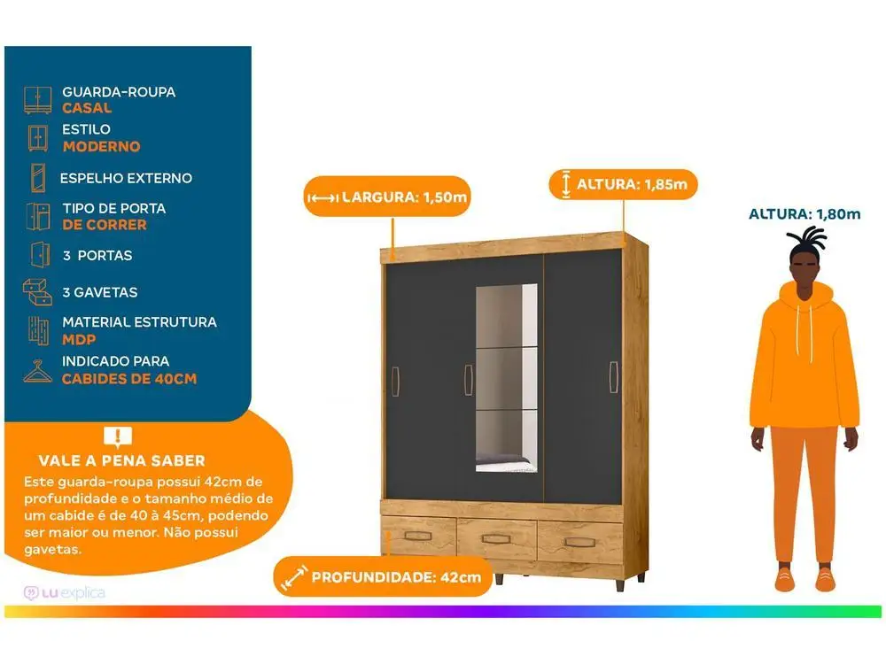 3 Araplac Cairo Drawers Couple Wardrobe with Mirror 3 Sliding Doors