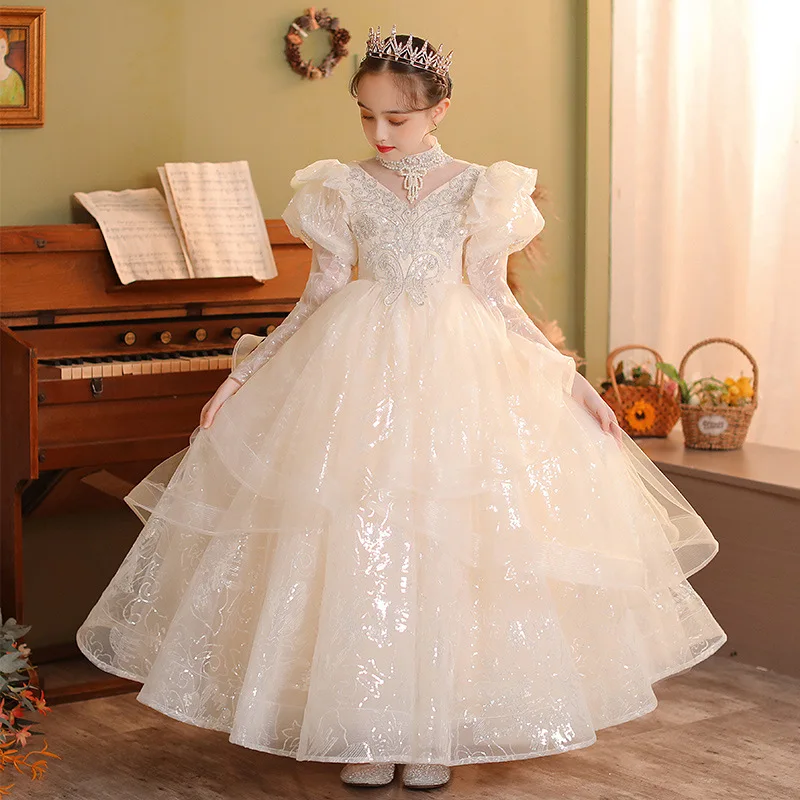 Pearl Sequins embroidery Kids Dresses For Party Wedding Children Pageant Gown 2024 Baby Tulle Princess Dress for Girls Clothing