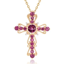 14K Gold 45cm Necklace Ruby Diamond Pendants for Women Wedding Pure Topaz Gemstone cross Bizuteria Pendant 14K diamond Necklaces