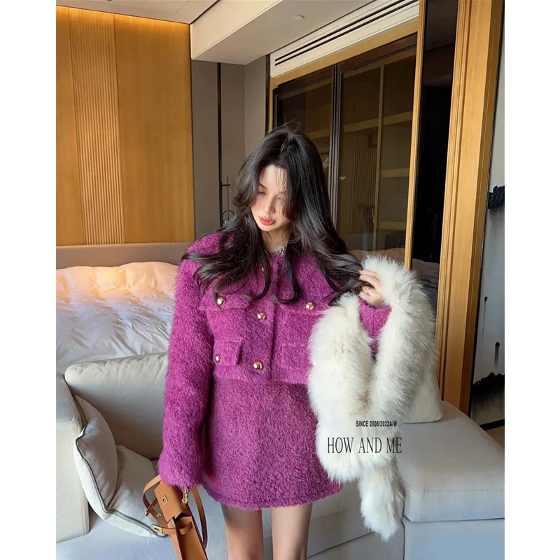 Korean Style Small Fragrant Style Lamb Plush Jacket Half Body Skirt 2024 Winter New Fashion Two-piece Set Women's Clothing