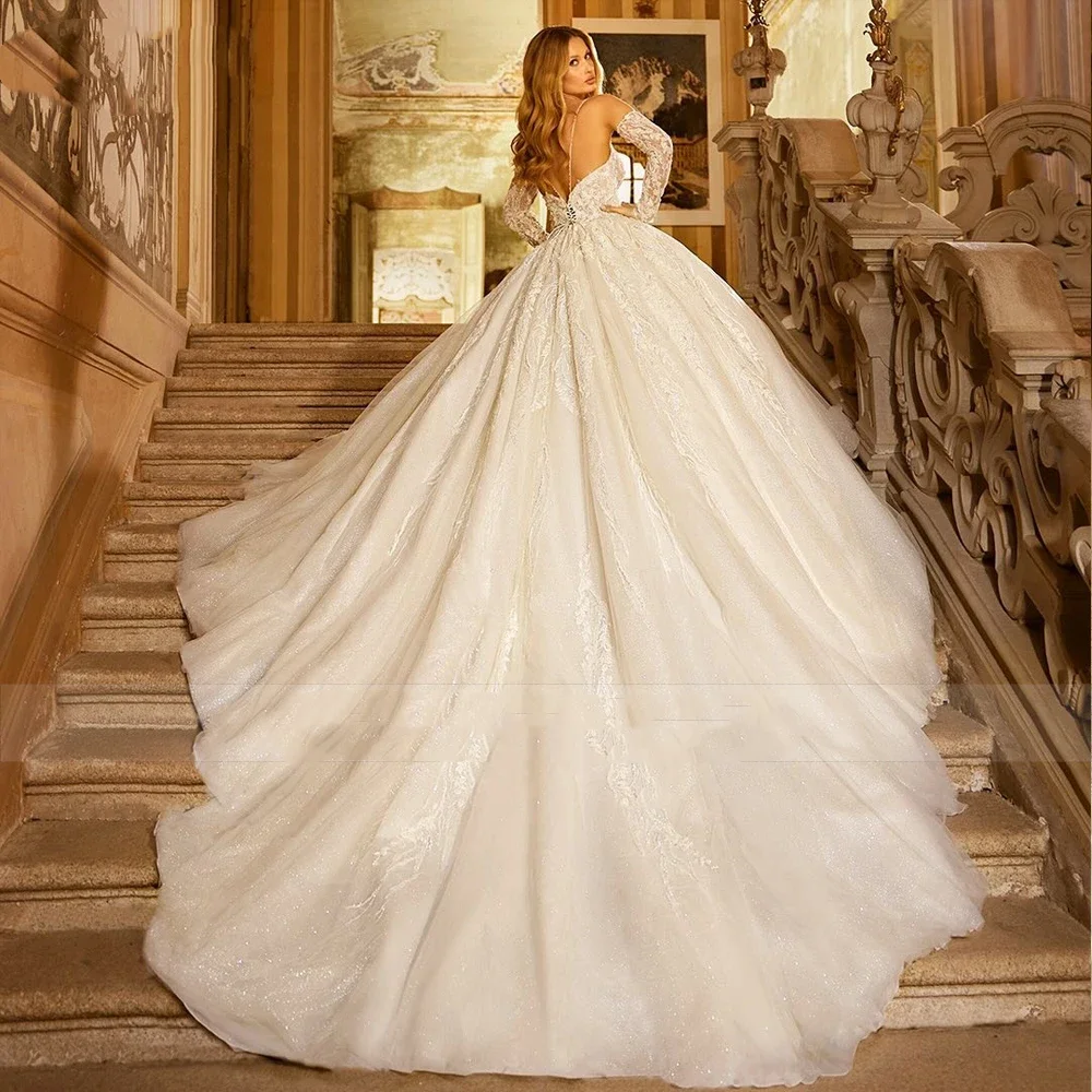 Flavinke Элегантное блестящее кружевное бальное платье с бисером на заказ, свадебные платья 2025 года с бретельками-спагетти, милые свадебные платья