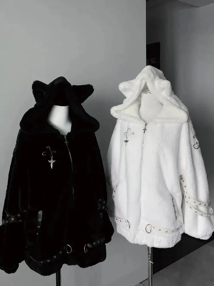 เสื้อโค้ทสไตล์ญี่ปุ่น แขนยาว ผู้หญิง ลำลอง สีพื้น หูกระต่าย ฮาราจูกุ เสื้อสเวตเชิ้ต ซิปหวานๆ เสื้อฮู้ดดี้ ฤดูใบไม้ร่วง ฤดูหนาว