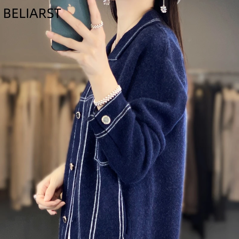 Cashmere Coat Women\'s Clothing PoLo Collar Cardigan 100% Merino Wool Knit Color-block Top Fashion Korean Luxury Jacket Shirt