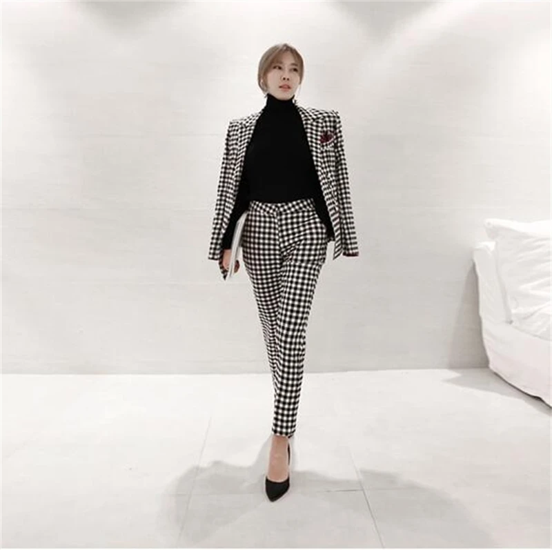 Women Slim Fit Plaid Blazer Suit Set Casual Office Lady Single Button Elegant Blaiser Mujer 2022 New Houndstooth Blazerpants