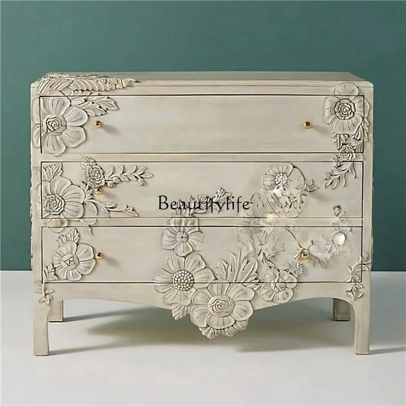 

French retro style solid wood hand-carved storage three-bucket cabinet, drawer type entrance hall entrance cabinet