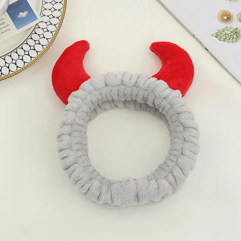 Plush Headband Women Girls Cute Red Horns Soft Elastic Hairband Wash Face Sport Velvet Hair Band Party Bandana Hair Accessories