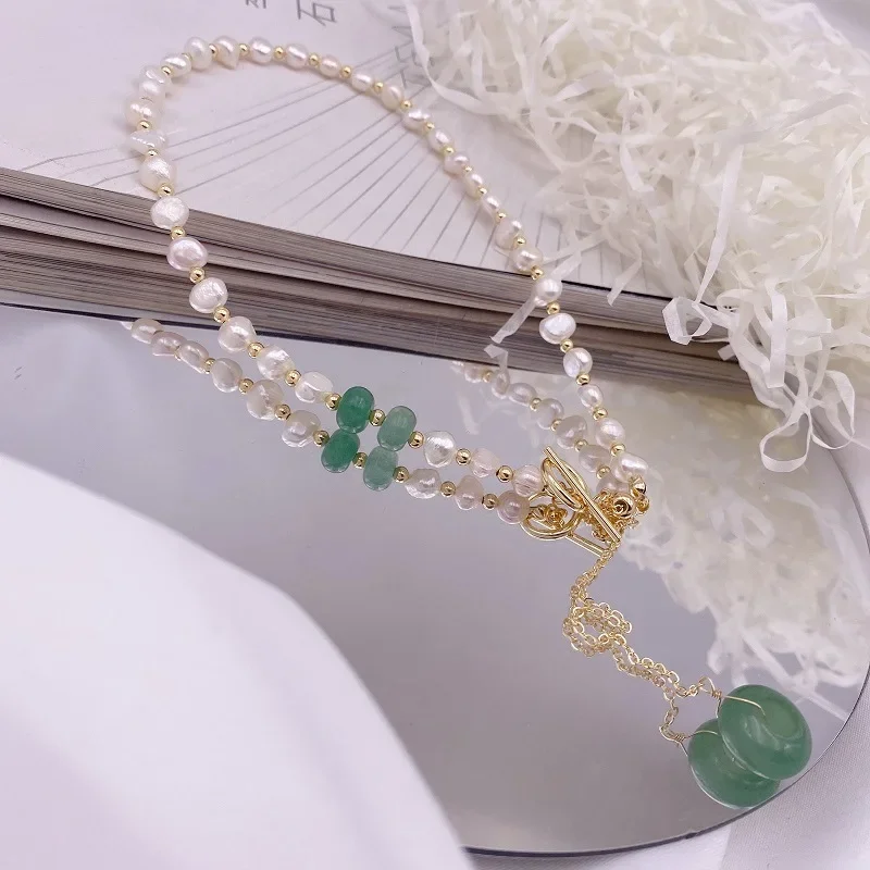 Minar Retro Freshwater Pearl Long Tassel Choker Necklace for Women Green Color Natural Stone Hetian Jade Necklaces Jewellery