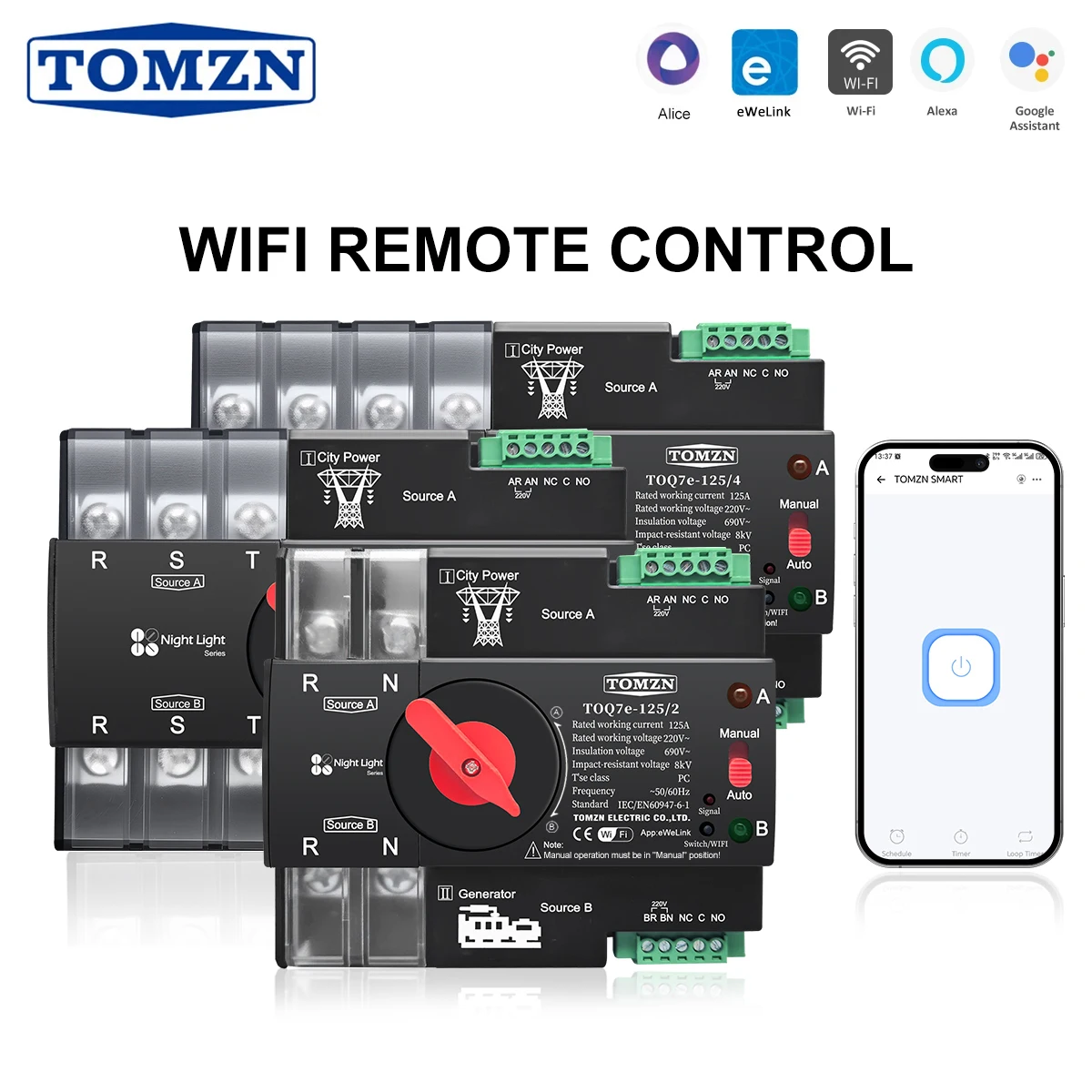 TOMZN WIFI Smart ATS 2P 3P 4P 230V AC Dual Power Automatic Transfer Switch Uninterrupted Remote Control 63A 100A 125A EWelink