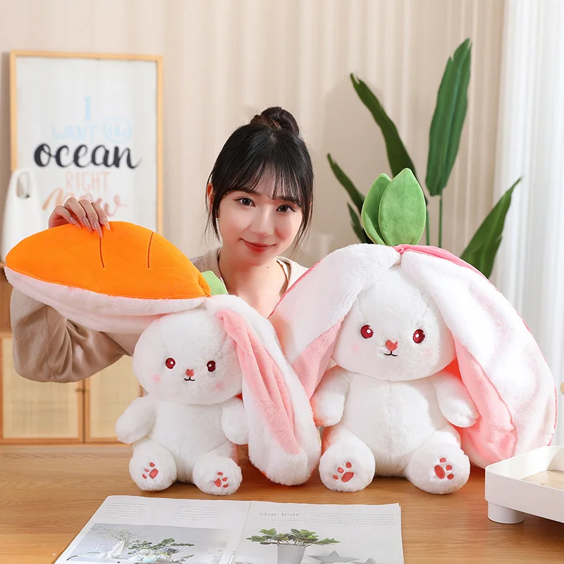 Peluche de conejo de peluche Kawaii para niños, almohada con relleno de conejo suave escondido en bolsa de fruta