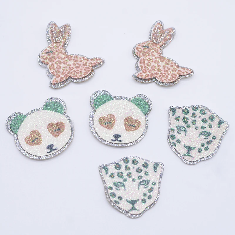 10Pcs Glitter Print Animal Appliques Pandas Rabbits Leopards for DIY Crafts Cake Topper Headwear Hair Clips Bow Decor Patches