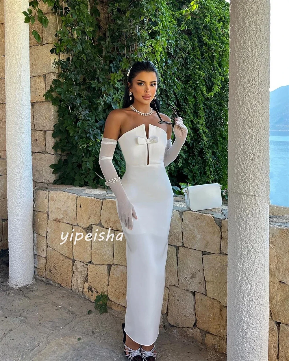 Jersey Sequined Bow Ruched Birthday A-line Off-the-shoulder Bespoke Occasion Gown Midi Dresses