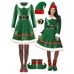 Women Christmas Elf Costume Set for Cosplay Party Velvet Green Midi Dress Belt Striped Over Knee High Socks Elf Hat Shoes Outfit