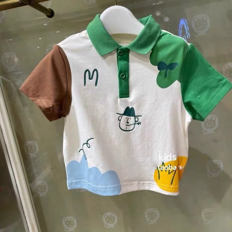 

2024 Summer New Boys Polo-Neck Button Contrast Color Cartoon Fashion All-match Loose Short Sleeve Pure Cotton T-shirt Tops