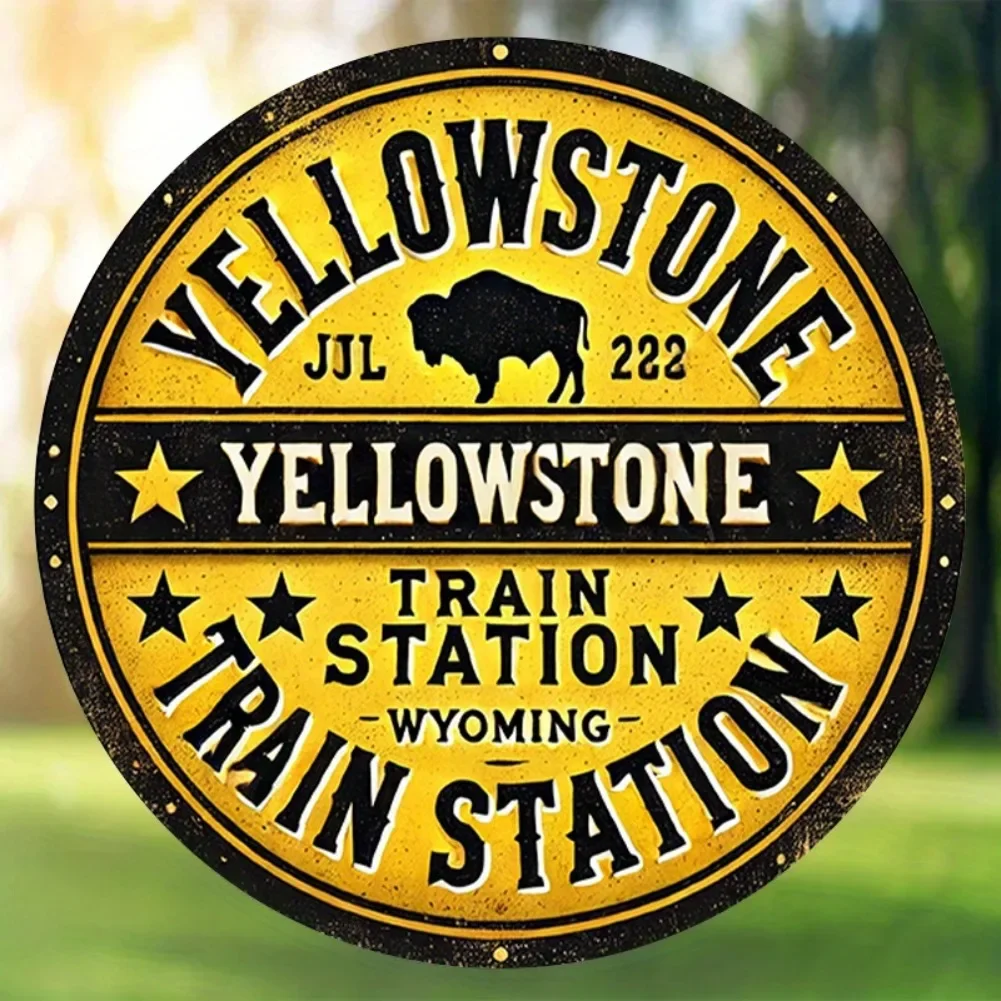 Vintage Yellowstone Train Station Wyoming Metal Wall Art, Round Retro Bison Decorative Tin Sign, Rustic Western Themed Metal Pla