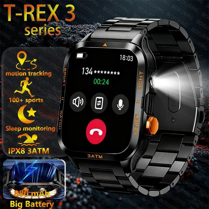 

2025 New Smartwatch T-Rex 3 Military Grade 880mAh Battery Smart Watch IPX8 Waterproof GPS Bluetooth call AMOLED HD Men Sports