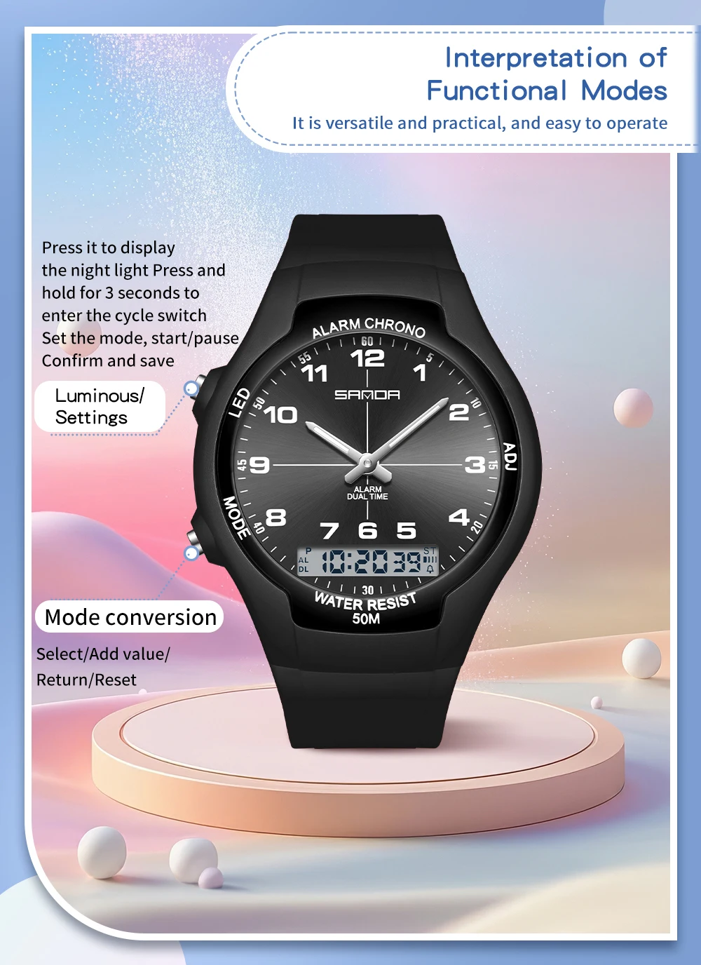 SANDA SD6320 ساعة كوارتز عصرية فاخرة وخفيفة الوزن مقاومة للماء ومزاج بسيط وساعة إلكترونية كاجوال