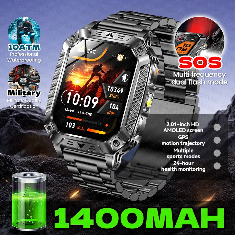 1400mAh Ultra Large Battery Men AMOLED Smart Watch Outdoor GPS SOS Flashlight 10ATM Waterproof Bluetooth Call Sports Smartwatch