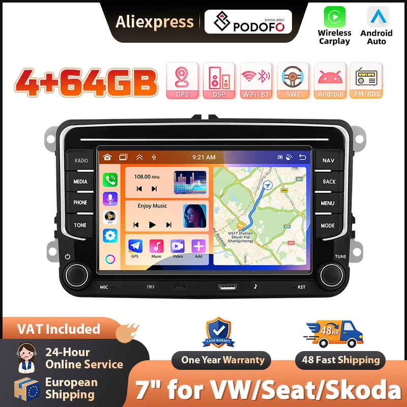Podofo Autoradio 7 Pollici 4+64G con CarPlay Wireless per VW, Navigazione GPS Android, Stereo Auto FM/RDS BT EQ, Lettore Multimediale per Auto