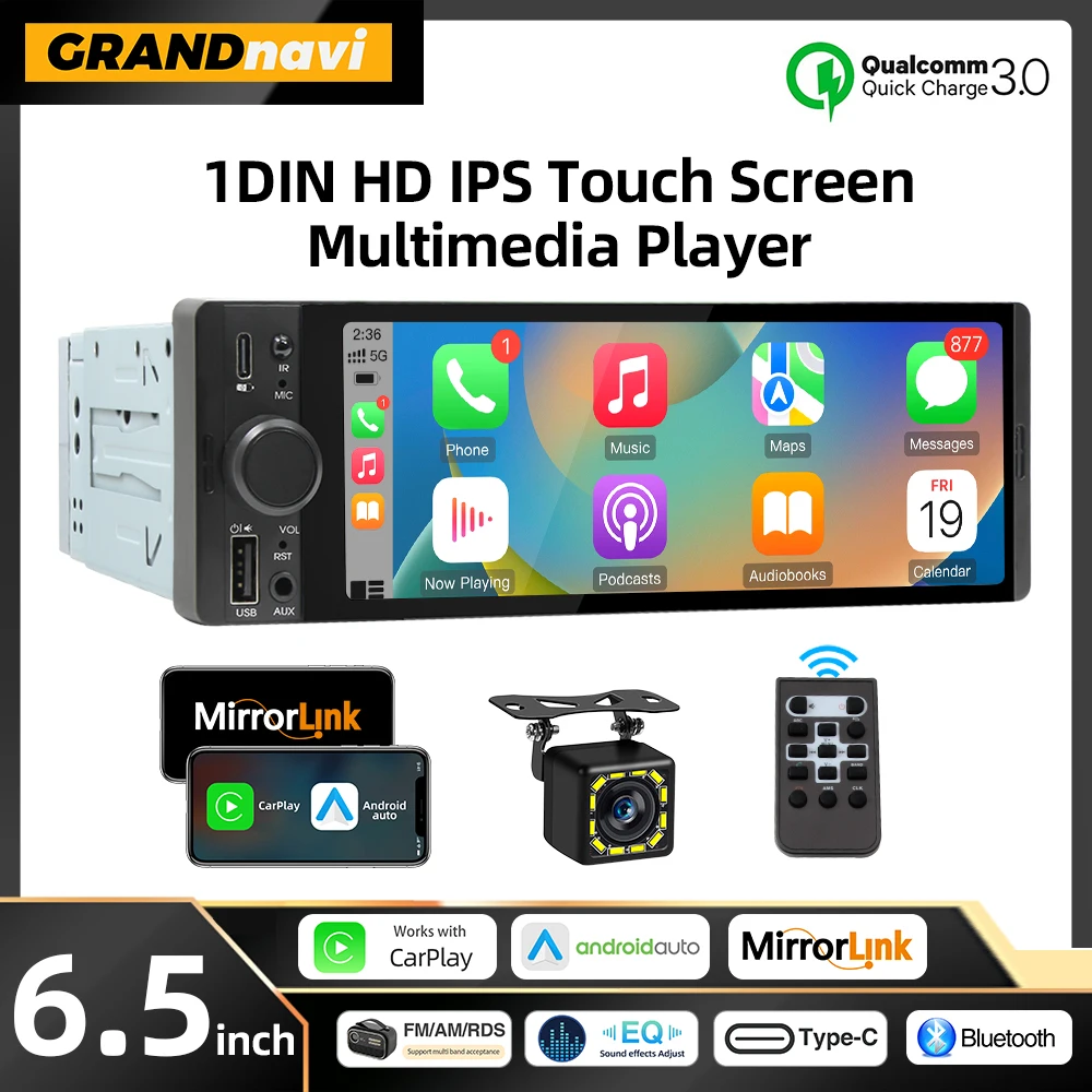 

6,5-дюймовый универсальный 1DIN MP5 автомобильный радиоприемник с поддержкой проводной Carplay и Android Auto QC3.0 AUX USB BT сенсорный экран мультимедийный видеоплеер