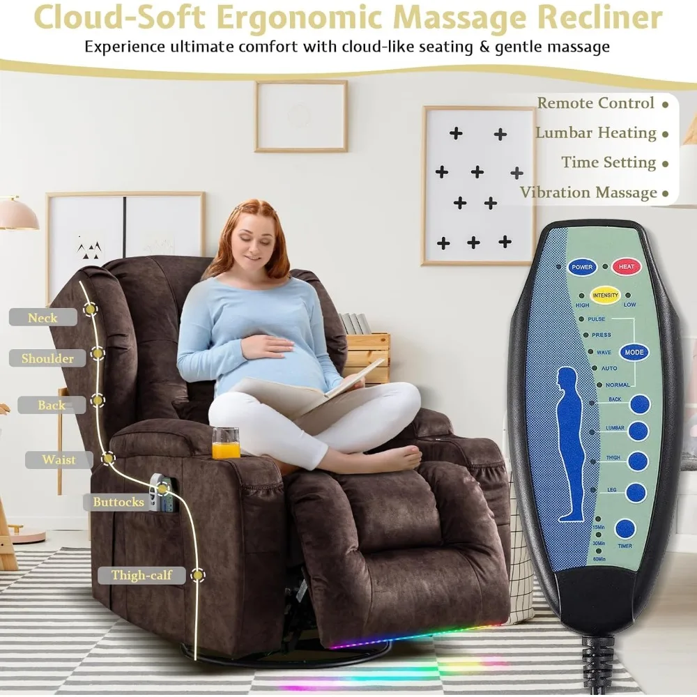 كرسي هزاز دوار كهربائي مع تدليك وحرارة، أريكة استلقاء على الحائط كهربائية للبالغين مع ضوء LED/حاملات أكواب #6