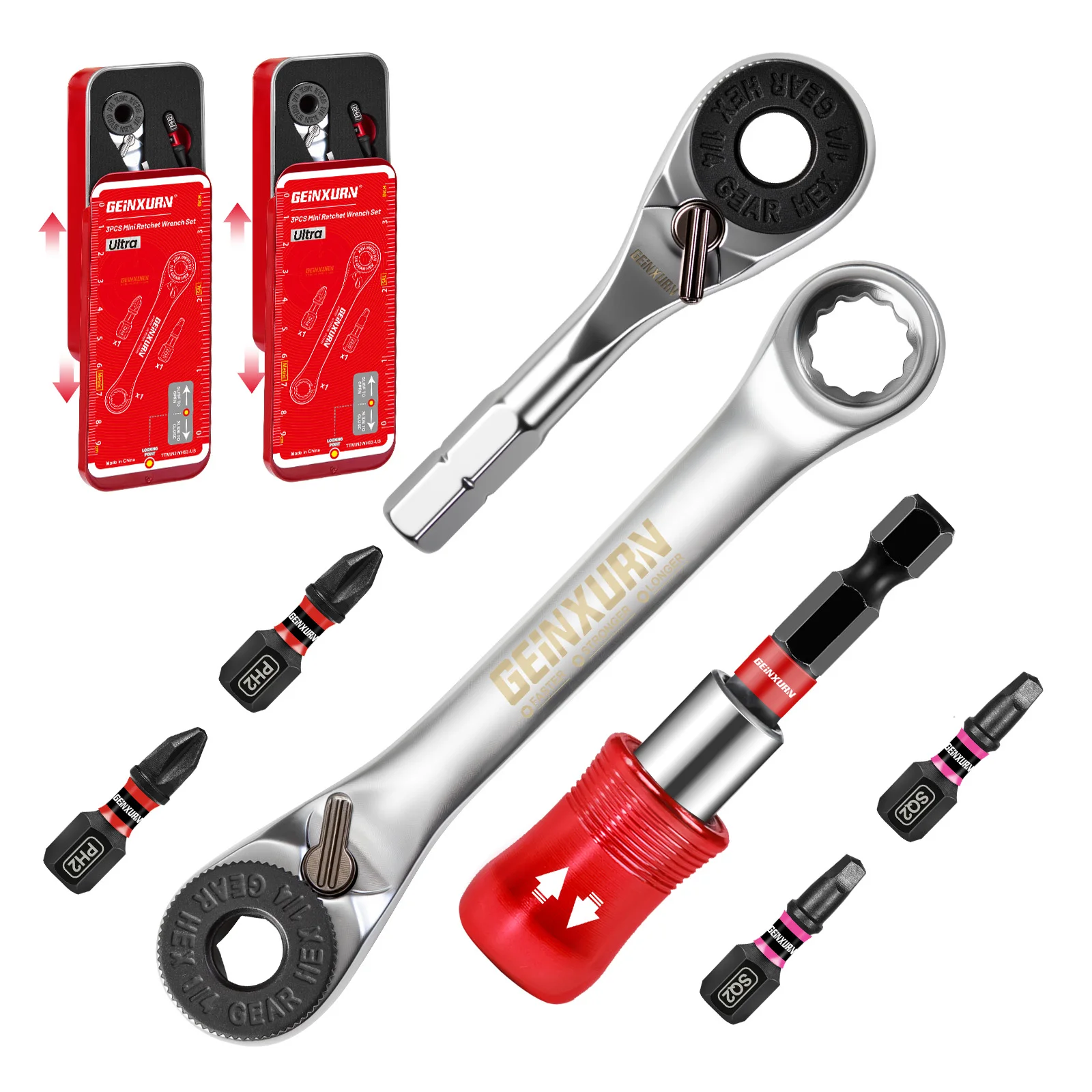 Geinxurn Mixed Mini Ratchet Screwdriver Set, S2 Alloy Screwdriver, Impact Magnetic Bit Holder, 1/4' Wrench, Push-Pull Case