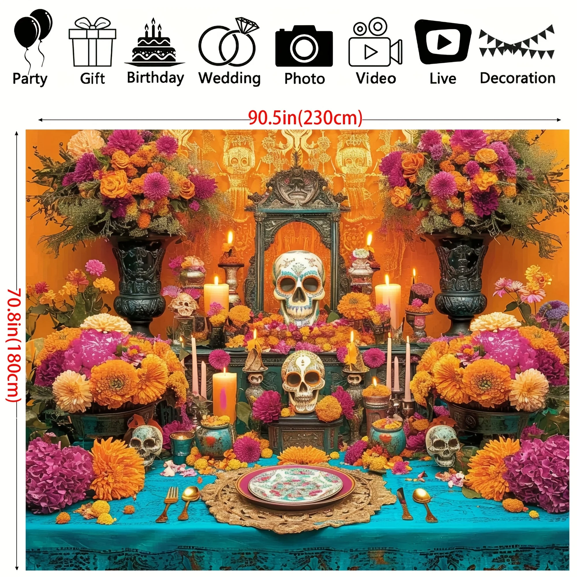 Vibrant Day of the Dead Altar Backdrop-Polyester, Multipurpose, Reusable, and Durable -Perfect for Mexican Fiesta, Cinco De Mayo