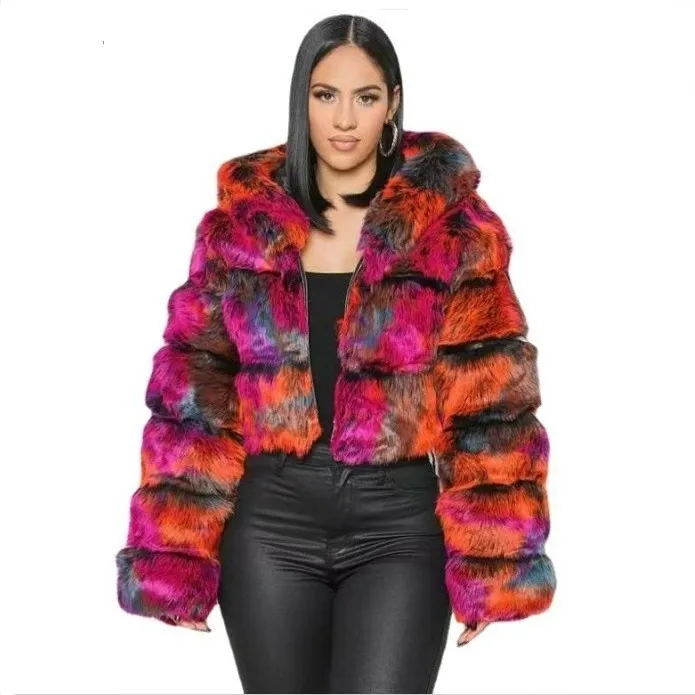 Women Faux Fur Short Coats Thick Warm Coat Hooded Open Stitch Regular Full Sleeve Solid Casual Elegant Splice Autumn Winter