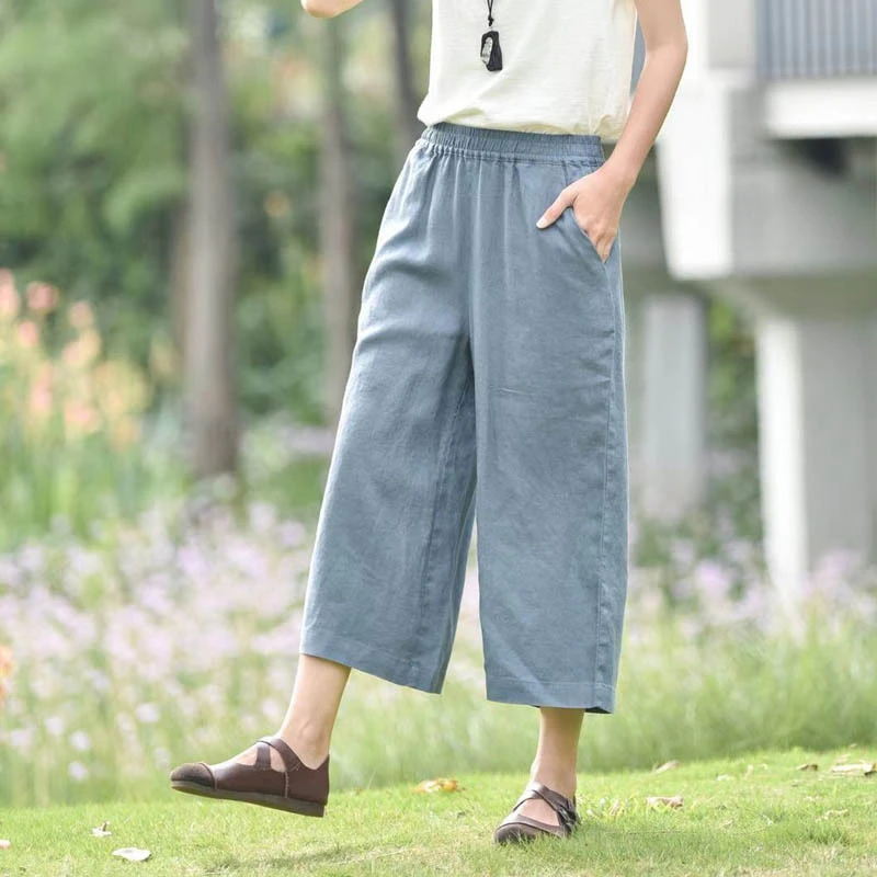 

100% льняные женские повседневные брюки длиной до икры, Новое поступление, лето 2022, винтажный стиль, однотонные женские базовые прямые брюки M1564