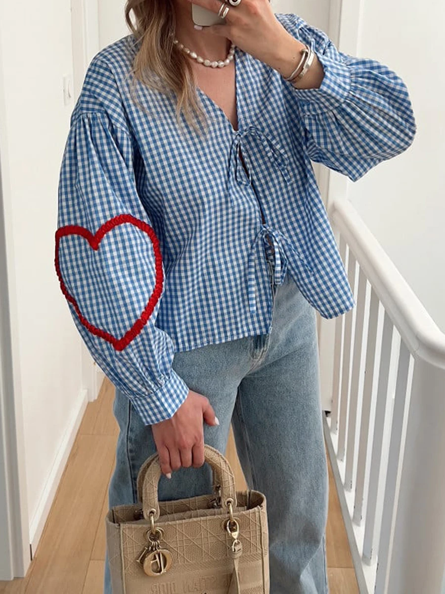 Damskie koszule z długim rękawem Plaid Heart Pattern Front Two Bowknot Tie-Up V-Neck Blouses Fashion Spring Casual Tops