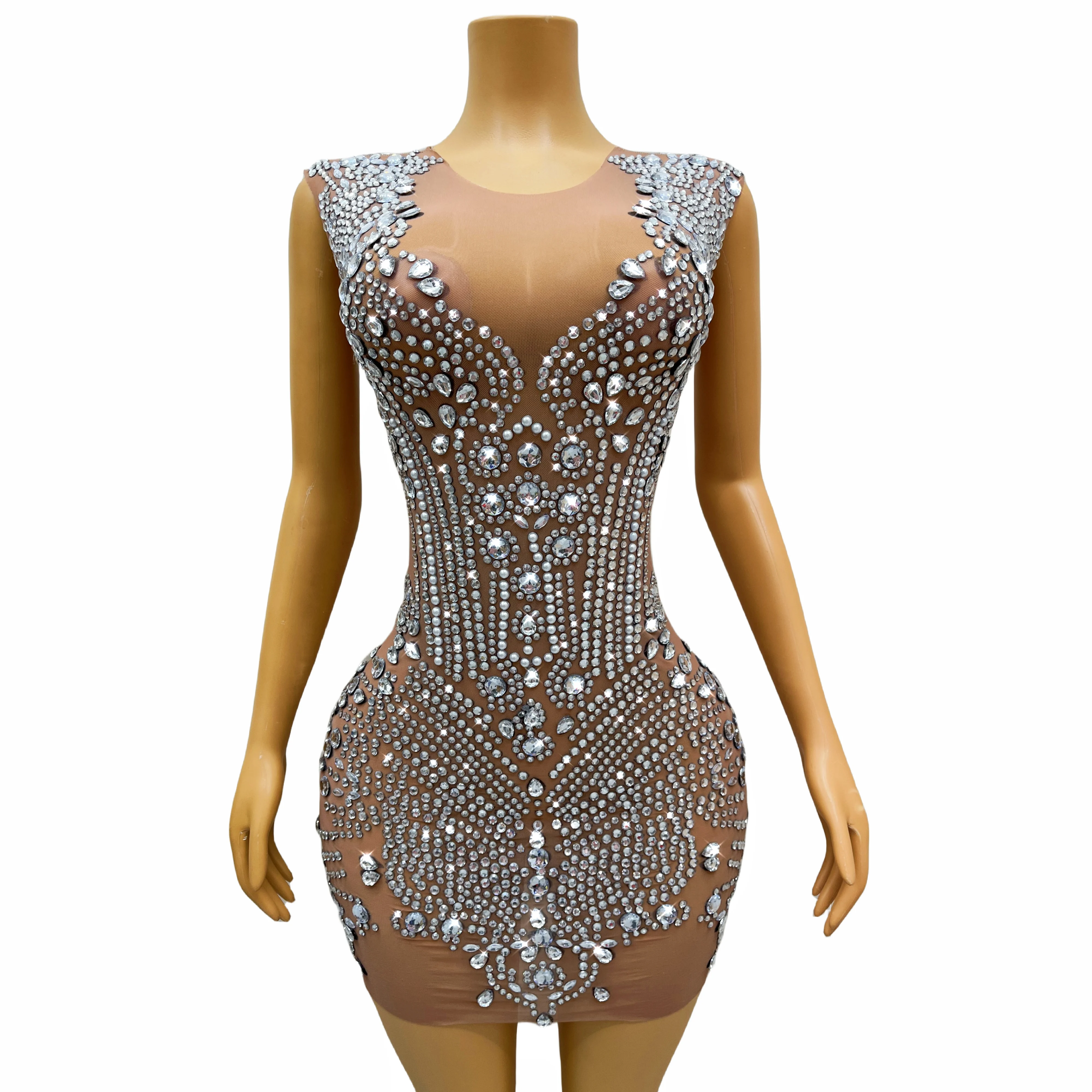 Flashing SilverRhinestones Nude Mini Dress Birthday Celebrate Transparent Sexy Stretch Costume Fancy Sleeveless Outfit dingzhu