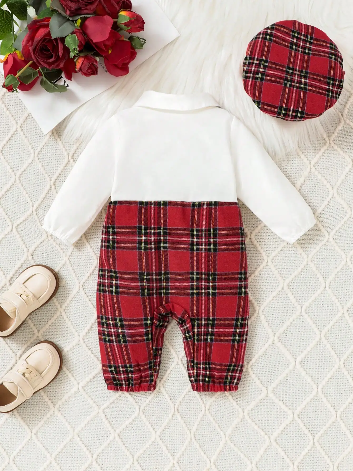 Gentleman Style Autumn Fashion 1-24m Baby Boys\' Onesie Red Plaid Small Bow Tie Color Contrast Breasted Lapel Long-Sleeved Onesie