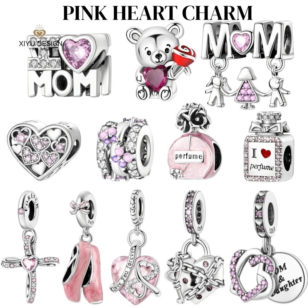 

925 Sterling Silver Pink Heart Bow Perfume Bottle Charm Bead Pendant Fit DIY Original Bracelet Women Jewelry Mother's Day Gift