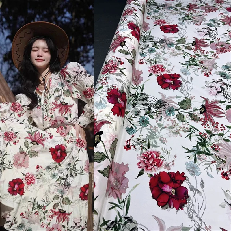 

Summer Designer's New Elastic Crepe De Chine Floral Printed Silk Fabric Dress Shirt 95% Mulberry Silk 5% Spandex Satin Fabric