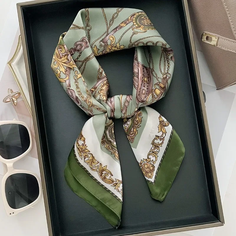 70cm Retro British Chain Printed Silk Scarf Ring Chain Rope Scarves High-end and Versatile Temperament Headscarf Scarf Shawl