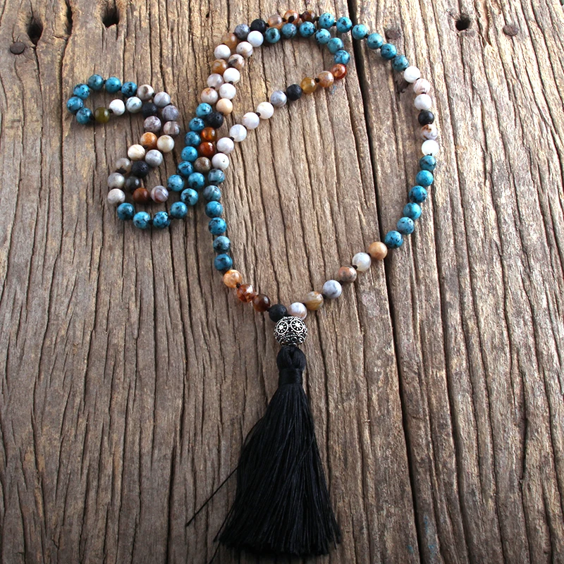 

Women Men Natural gemstone Lava Zebra knotted Gunmetal ball Tassel Yoga 108 Mala Necklace