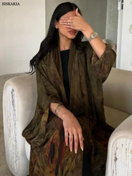 Siskakia Ramadan Dubai Floral Print Long abaya Petal Sleeve Kaftan For Muslim Women's Fashion Chiffon Maxi Dresses