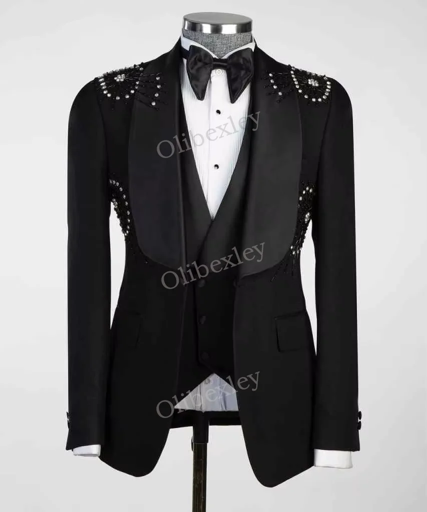 

Olibexley Suits 3 Piece For Men High Quality Beaded Crystals One Button Slim Fit Tuxedo Wedding Groom Costume Homme