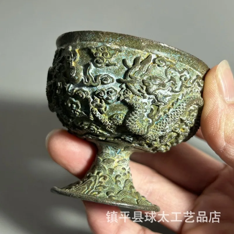 Antiqued Double Dragon Copper Wine Cup Ornament, Vintage Collectible Home Decor Craft, Goblet