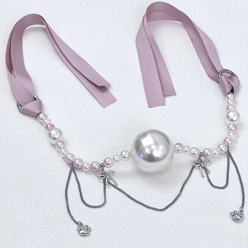 O Ring Gag Strap,Open Mouth Bite Gag Pearl Mouth Gag Pearl Mouth Ball Pink Bow Ribbon Choker