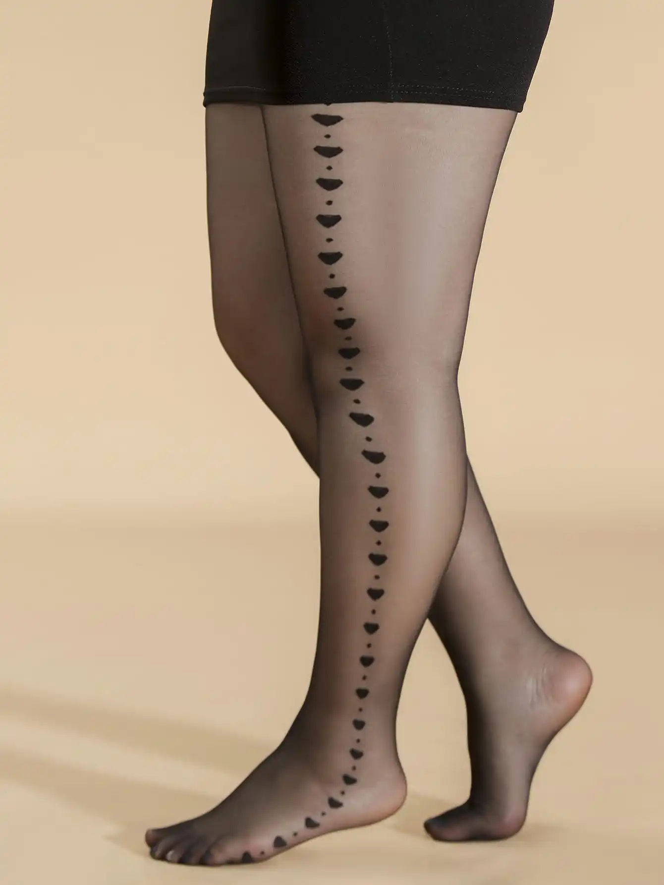 Large Size Transparent Black Casual Stockings, Women\'s Plus Heart Jacquard Side Semi Sheer High Rise Pantyhose