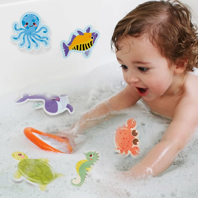 Juguetes de baño de goma EVA suave para bebés, rompecabezas educativos tempranos, pegatina de Animal flotante, juguetes de agua para bebés de 0 a 12 meses