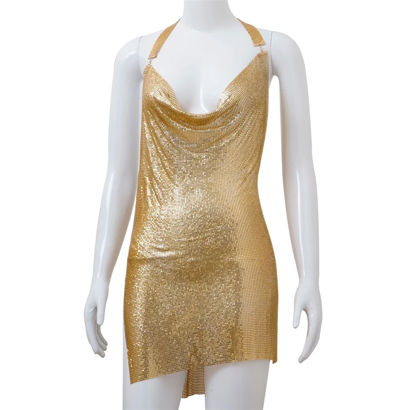 Damen Glänzendes Kettenhemd-Minikleid mit Neckholder und Wasserfallausschnitt für Nachtclub und Abendpartys, Modische Metall-Pailletten-Kleidung, Geschenk für Mädchen und Damen – Detail 9