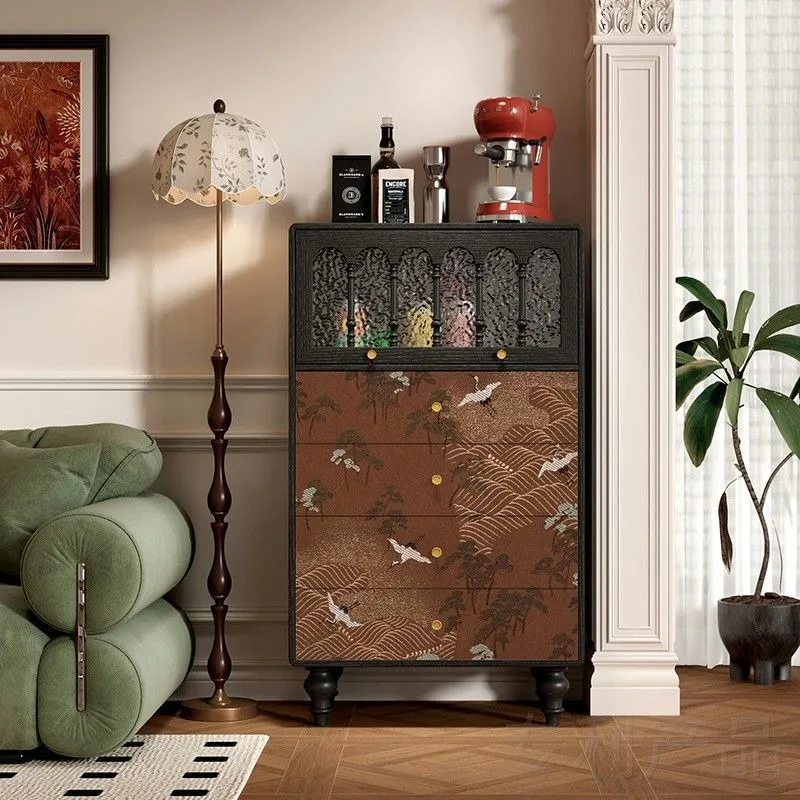 Medieval crane picture solid wood living room dining side cabinet shoe cabinet drawer storage four chest cabinet restaurant coff