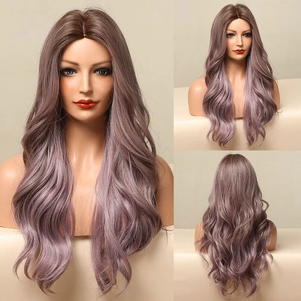 Women's Long Hair Natural Purple Spot Dyed Long Curly Hair 24inch Wigs