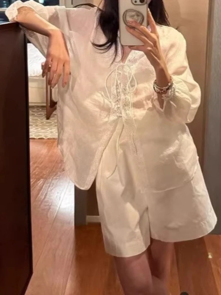 2026 Blusas Mujer De Moda Lace Patchwork Korean Blouse Chic V Neck Bandage Elrgant Blouses Fashion Shirts Women
