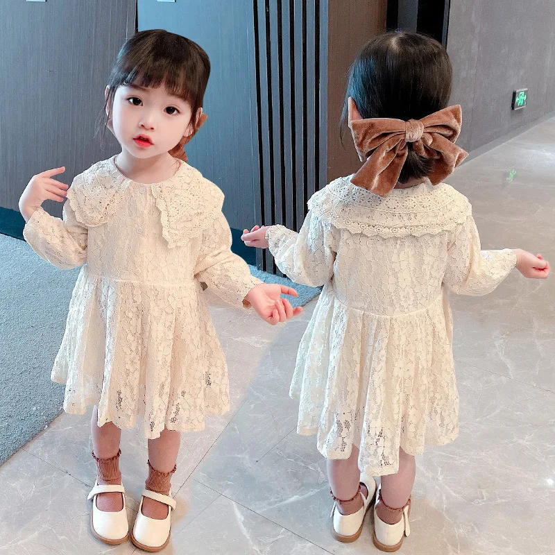 Girls' Foreign Style Dress 2026 Spring New Korean Version Lace Doll Collar Sweet Long-sleeved Princess Dress