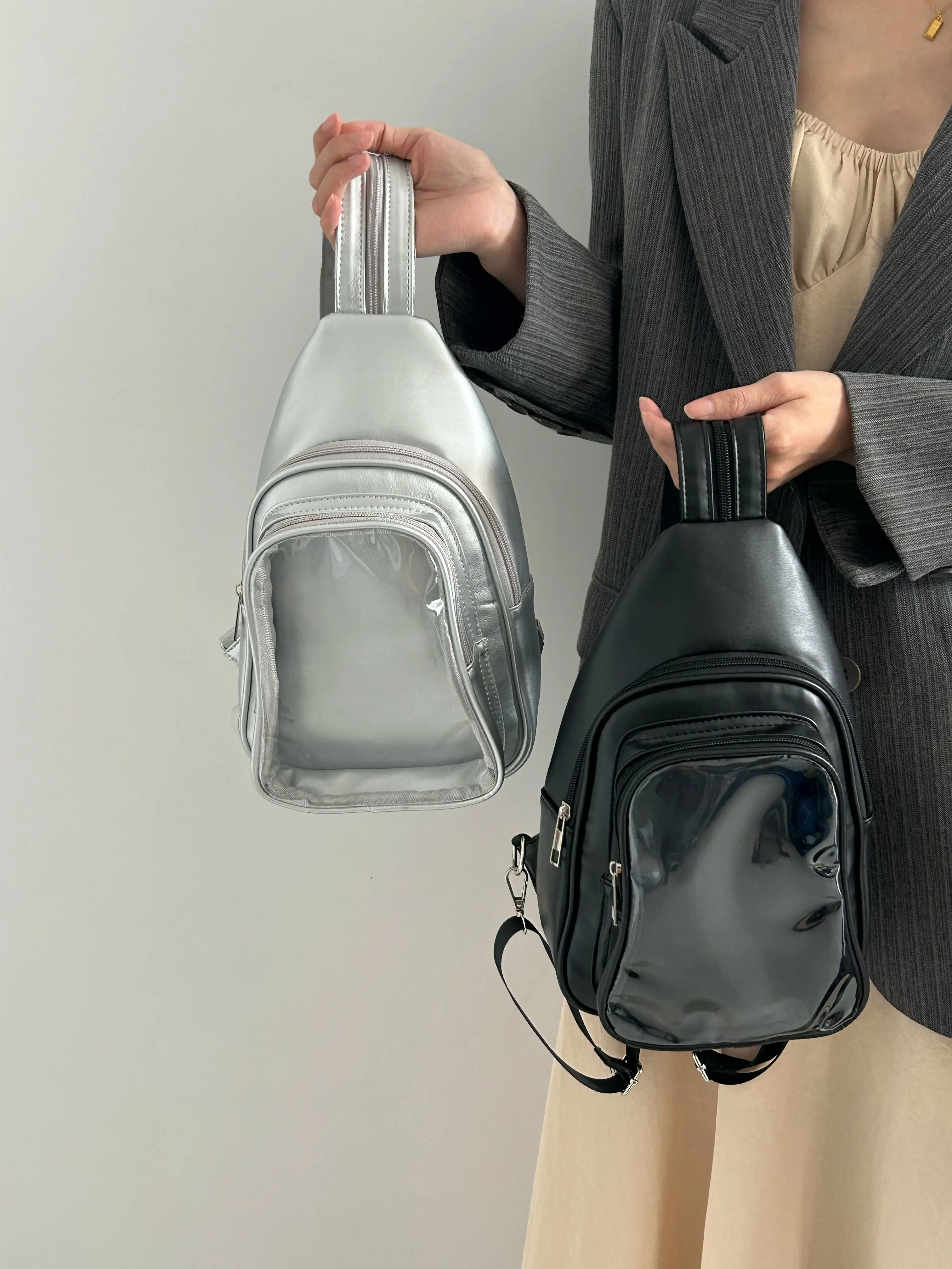 Transparent Window Chest Sling Bag, Multi Zipper Crossbody Shoulder Bag, DIY Display Bag for Doll Badge Collection Daily Travel