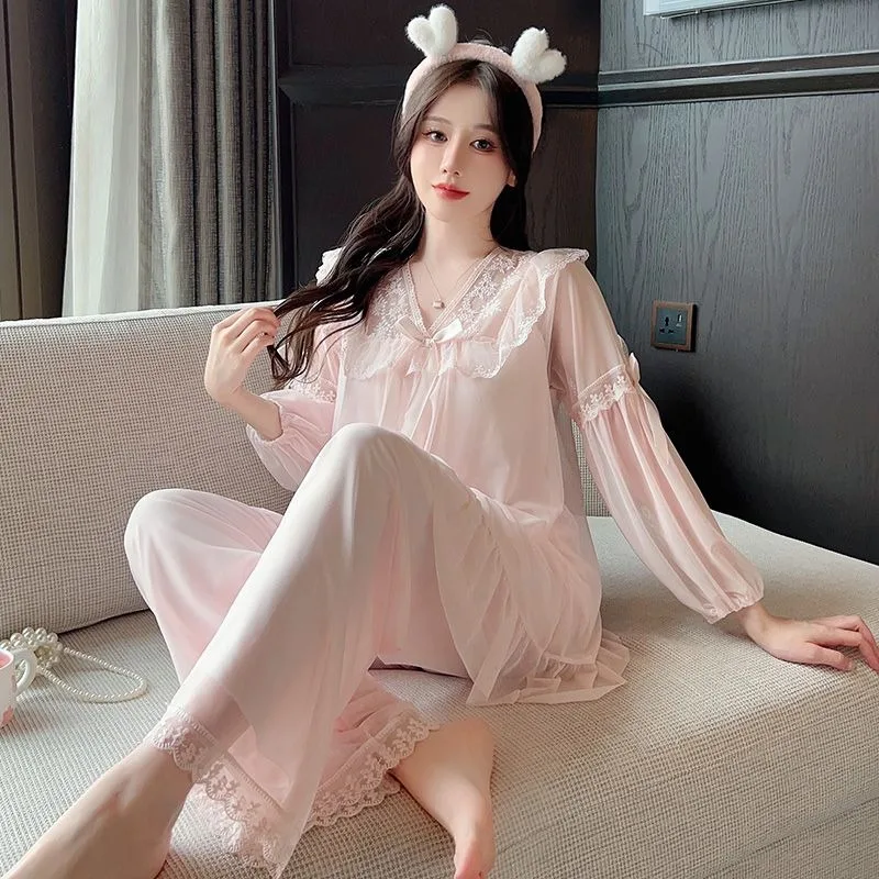 Sexy Lace Pajamas Chest Pads Women\'s New Spring Autumn Loungewear Long Sleeved Sleepwear Mesh Sweet Princess Style Homewear Set