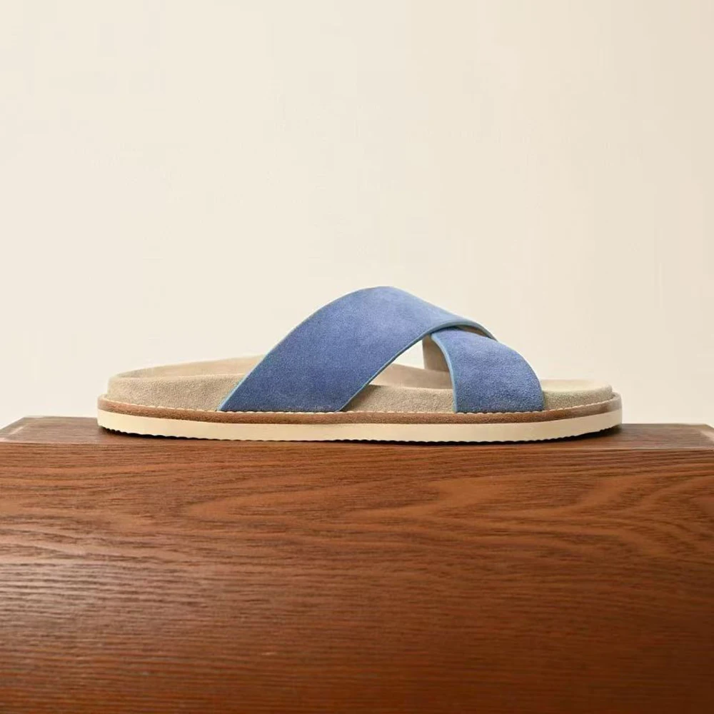 2026 New Men's Suede Cross Strap Slide Sandals – Casual Comfort Flat Slippers for Summer Beach & Daily Wear