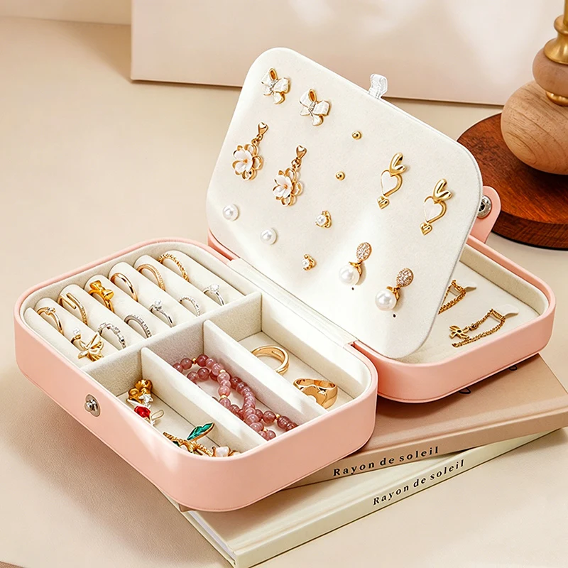 

Portable Velvet Jewelry Box - Multi-Compartment Travel Organizer for Accessories, Pink Storage Case with Lining